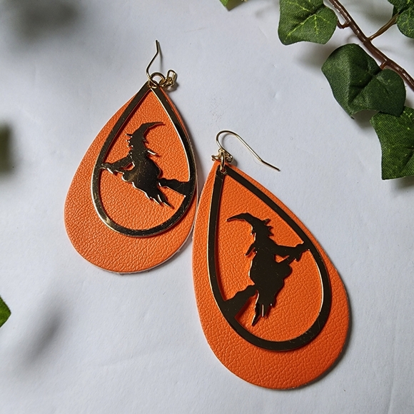 Orange Teardrop Earrings with Gold Witch on Broom Silhouette - Picture 1 of 5